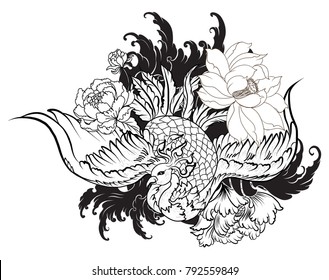 handgezeichnete Tätowierung aus dem chinesischen Pfau.Asian Phoenix Feuervogel Tattoodesign.Farbiger Phoenixfeuervogel mit Peonblume und Rose auf Wolke- und Wellenhintergrund.Handgezeichnet japanischer Tätowierungsstil.