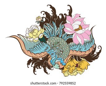 hand drawn Chinese peacock tattoo.Asian Phoenix fire bird tattoo design.Colorful Phoenix fire bird with Peony flower and rose on cloud and wave background.Hand drawn Japanese tattoo style.