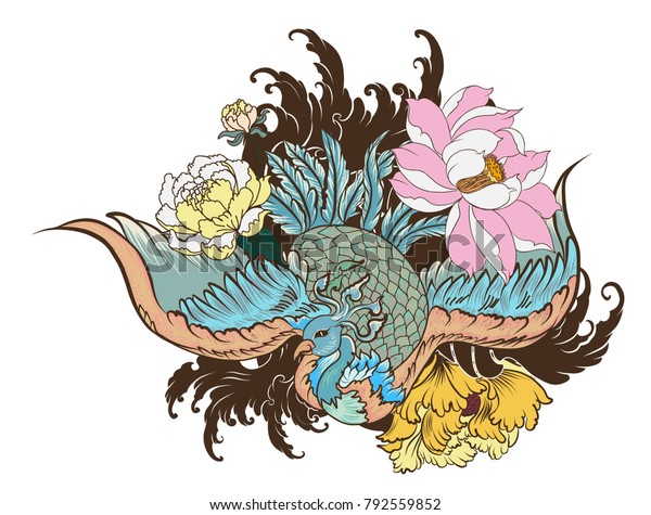 手描きの中国の孔雀の刺青 アジアの鳳凰の火鳥の刺青 雲と波の背景にカラフルな鳳凰と牡丹の花とバラ 手描きの日本の刺青 のベクター画像素材 ロイヤリティ フリー
