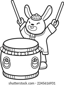 Hand Drawn Chinese rabbit with drum illustration isolated on background