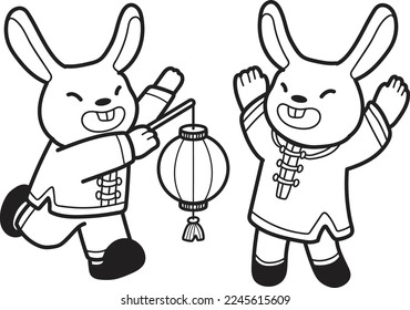 Hand Drawn chinese rabbit with lantern illustration isolated on background