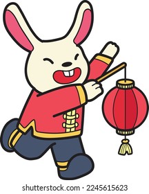 Hand Drawn chinese rabbit with lantern illustration isolated on background