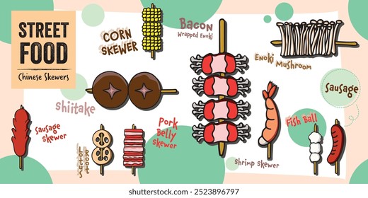 Hand drawn Chinese street food background. Foodie seamless pattern. Delicious skewers illustration. Cuisine object isolated flat childish cartoon style. Asian traditional food. Graphic for menu,poster