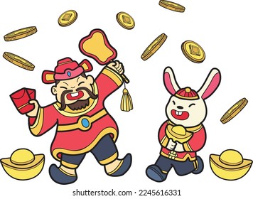 Hand Drawn Chinese Wealth God and Rabbit illustration isolated on background