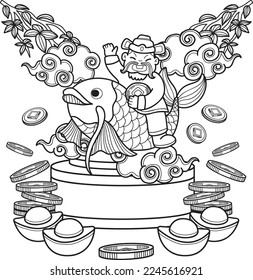 Hand Drawn Chinese Wealth God and Koi illustration isolated on background