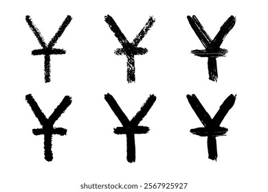 Hand drawn chinese yuan currency symbol set Brush stroke doodle Single element for design