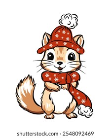 Hand drawn chipmunk in winter Christmas hat, cute kids design vector illustration