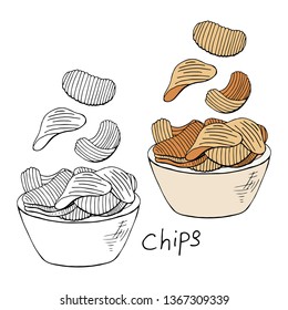 Hand drawn chips collection black and white and color isolated on white background