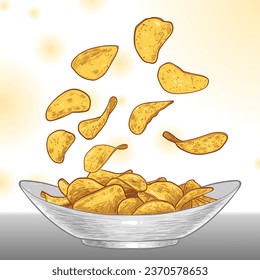 Hand drawn chips floating and falling into a bowl. 