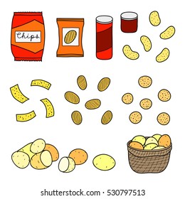 Hand drawn chips varieties, snacks, packs, tube boxes and potatoes isolated on white background.