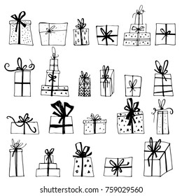 Hand drawn Chistmas gift boxes isolated on white background. Merry Christmas Happy new year for flyer, poster, banner, web, header. Xmas design.