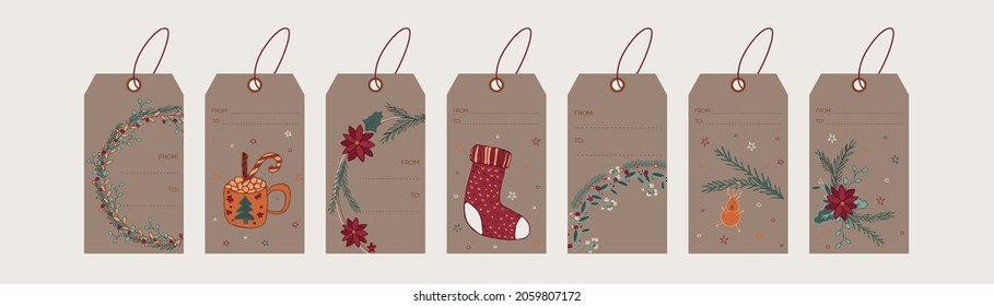 Hand drawn Chistmas hang tag collection with holiday wreath, cacao, Santa sock and deer on spruce. Decoration for winter gift box or greeting card.