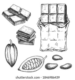 Hand drawn chocolate bar and cacao beans, black and white draft sketch isolated on white background. Vintage vector food illustration.	