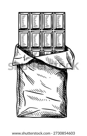 Hand drawn of a chocolate bar partially unwrapped from its wrapper food sweet