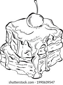Hand Drawn Chocolate Cake with Cherry on top, Tasty Detailed Black and white Vector Illustrations