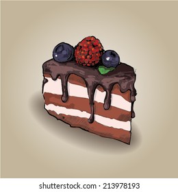 Hand drawn chocolate cake with cream and berries. Vector illustration.
