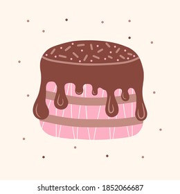 Hand drawn chocolate cake isolated on a white background. Illustration in a simple flat style. It can be used for decoration of textile, paper and other surfaces.