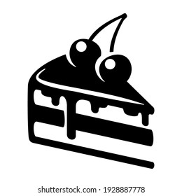 Hand Drawn Chocolate Cake Slice Icon. Black And White Cake With Cherry Isolated Vector Illustration