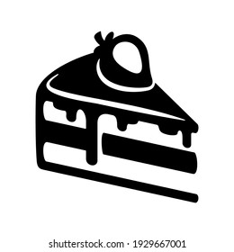 Hand drawn chocolate cake slice icon. Black and white cake with strawberry isolated vector illustration