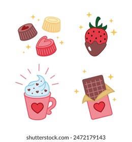 Hand drawn chocolate candies collection. Set of various chocolate. Valentine day Vector illustration