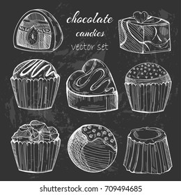 Hand drawn chocolate candies. Graphic vector set. Chalkboard style. Black background. All elements are isolated