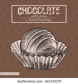 Hand drawn chocolate candies isolated on brown pattern background. Chocolate sketch elements. Retro style hand-drawn vector illustration