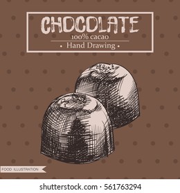 Hand drawn chocolate candies isolated on brown pattern background. Chocolate sketch elements. Retro style hand-drawn vector illustration