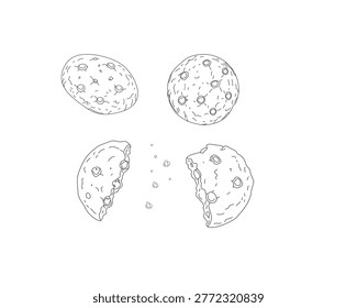 hand drawn chocolate chip cookie set doodle line art with whole broken crumbs biscuit collection bakery food illustration minimal outline vector isolated white background sweet snack dessert