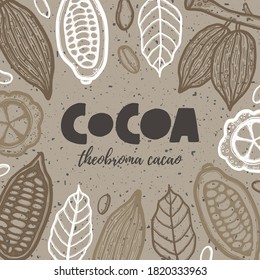 Hand drawn chocolate cocoa beans tree grunge style ink lettering poster. Theobroma banner engraved drawing of leaves. Vintage stylized ink cacao pods background, banner template design