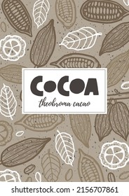 Afiche con letras de tinta estilo grunge con grano de cacao dibujado a mano. Cartel de Theobroma grabado en dibujo de hojas. Fondo de vintage estilizado de tinta para vainas de cacao, diseño de plantillas de banners