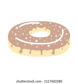 Hand drawn chocolate donut with stars in flat style. Clip-art isolated on white background.