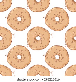 Hand drawn chocolate donuts seamless pattern. Doodle vector illustration with pastries. Sweet background for cafe, coffee, pastry shop delivery or takeaway bag design