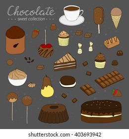 Hand drawn chocolate products isolated on chalkboard. Cocoa, cake, cupcake, bundt, ice cream, candies, strawberry, pear, apple.