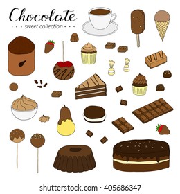 Hand drawn chocolate products isolated on white background. Cocoa, cake, cupcake, bundt, ice cream, candies, strawberry, pear, apple.