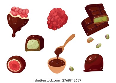 Hand drawn chocolate, raspberry and pistachio element set. Isolated vector illustrations of cocoa spoon, chocolate bars and sweets on white background