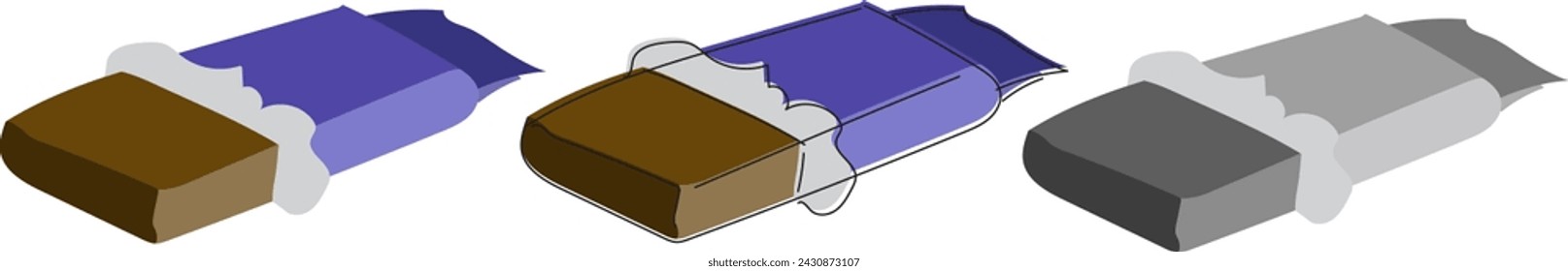 Handgezeichneter Schokoladenriegel, halb geöffnet, in drei Varianten hergestellt: komplett flach, flach mit tonischen Strichen und schließlich - Grautöne, flach. Vektorgrafik.