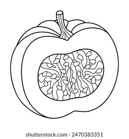 Hand Drawn Chopped pumpkin line art. Half pumpkin doodle icon. Black and white Pumpkin vector illustration. Perfect For Poster, Greeting Card, Coloring page for kids and adults. 