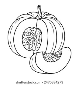 Hand Drawn Chopped pumpkin line art. Pumpkin doodle icon. Black and white Pumpkin vector illustration. Perfect For Poster, Greeting Card, Coloring page for kids and adults. 