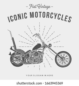 Hand drawn chopper. Iconic motorcycles, logo, sillhouette, flat design, vintage with noise effect.