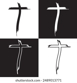 Hand drawn christian cross symbol, hand painted with ink brush. clipart isolated on white and black background. EPS 10