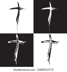 Hand drawn christian cross symbol, hand painted with ink brush. clipart isolated on white and black background. EPS 10