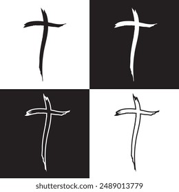 Hand drawn christian cross symbol, hand painted with ink brush. clipart isolated on white and black background. EPS 10