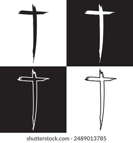 Hand drawn christian cross symbol, hand painted with ink brush. clipart isolated on white and black background. EPS 10