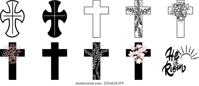 Handgezeichnete christliche Kreuzung, Satz von Silhouetten von christlichen Kreuzen, einfache Vektorgrafik.