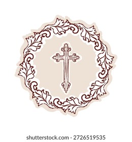 Corona de follaje cruzado de Pascua cristiana dibujada a mano para la etiqueta engomada decorativa del estudio bíblico de la semana santa. Vector plano aislado editable para anuncio de iglesia, diario y bastante estético para el cristianismo