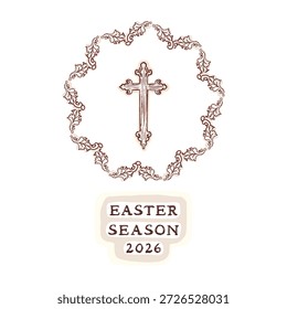 Corona de follaje cruzado de Pascua cristiana dibujada a mano para la etiqueta engomada decorativa del estudio bíblico de la semana santa. Vector plano aislado editable para anuncio de iglesia, diario y bastante estético para el cristianismo