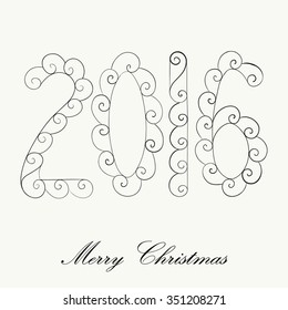 Hand drawn Christmas 2016 for adult anti stress Coloring Page. Isolated on white background. Vector monochrome sketch. Eps 8.