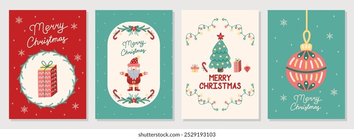 Hand Drawn Christmas 4 Cards collection. Green and red colors. Christmas and New Year. Vector illustration.