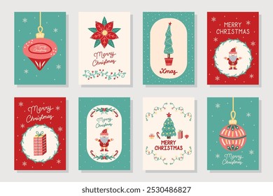 Hand Drawn Christmas 8 Cards collection. Green and red colors. Christmas and New Year. Vector illustration.