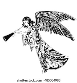 Hand drawn christmas angel. It can be used for tattoo or print on t-shirt.